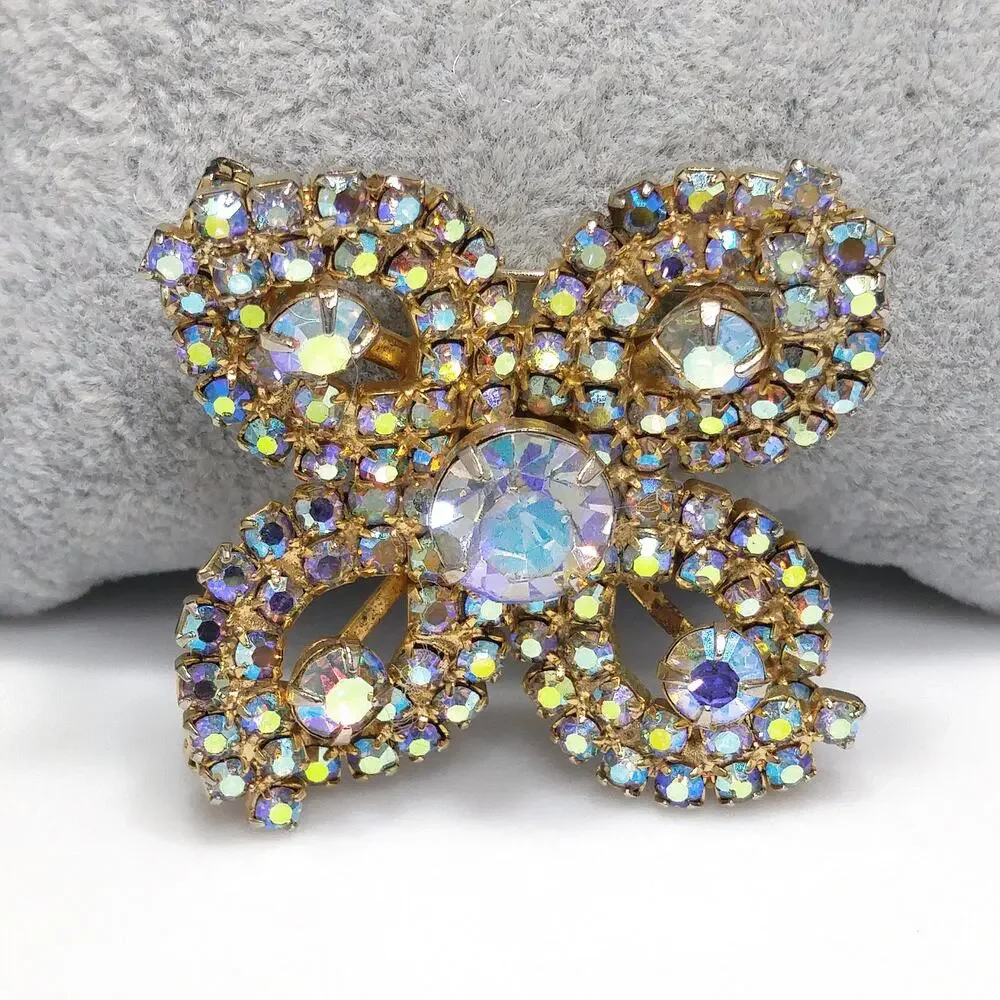 Rhinestones Aurora Borealis Flower Brooch, Gold Plated, 1960s Vintage Jewelry